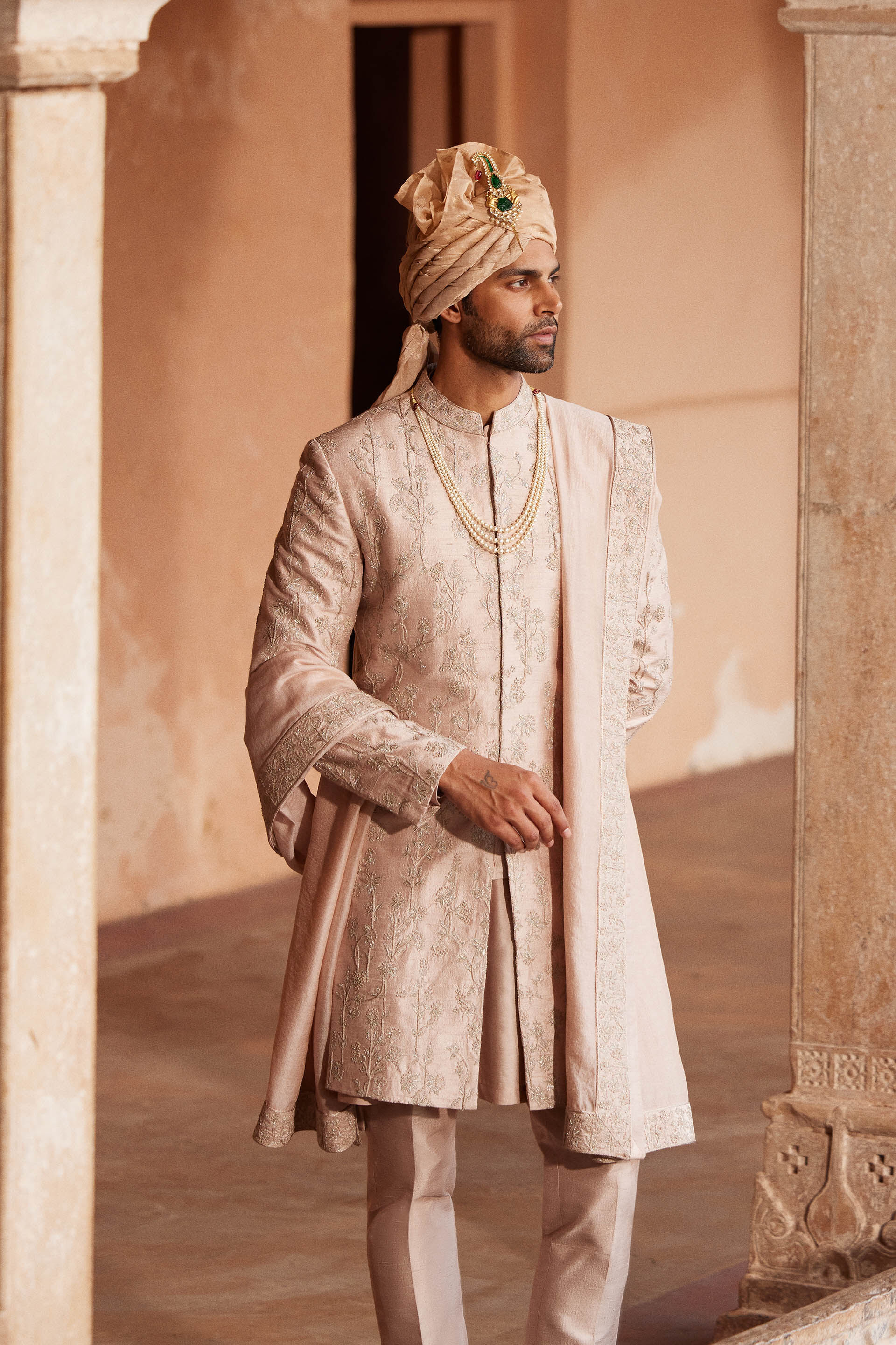 Ahmar Hand-embroidered Silk Sherwani - Salmon, Salmon, image 6